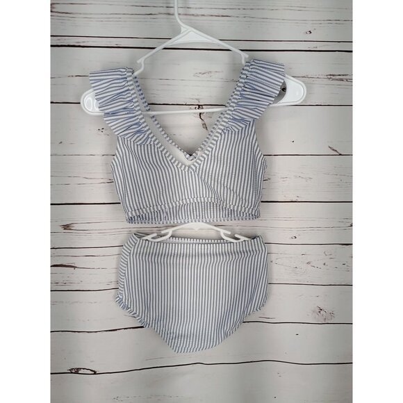 Ruffle Butts Tween Girl Striped Blue & White Ruffle Bikini Set For Girls Size 10 - Picture 4 of 10